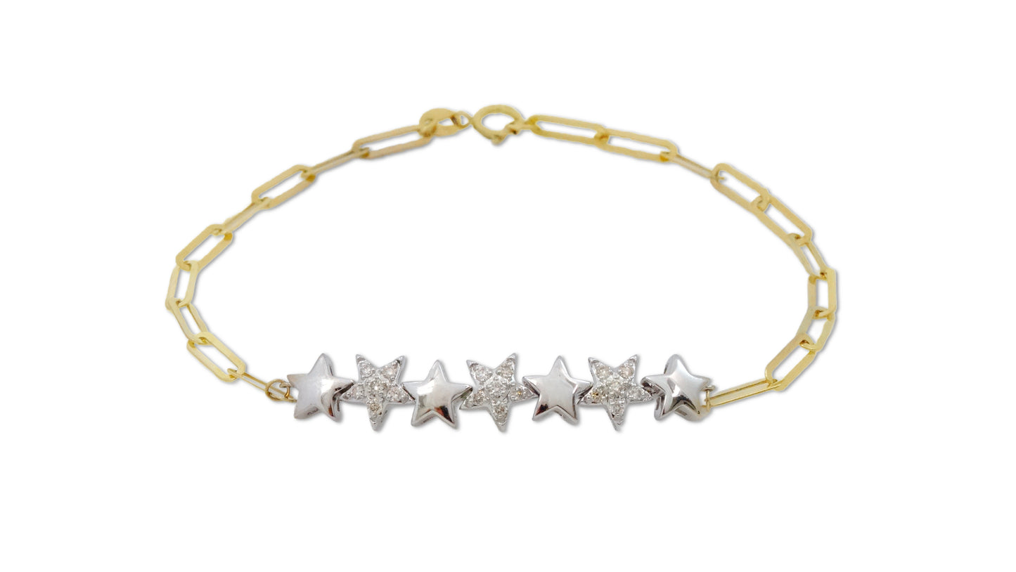 Two Tone Multi Diamond Stars Paperclip Bracelet
