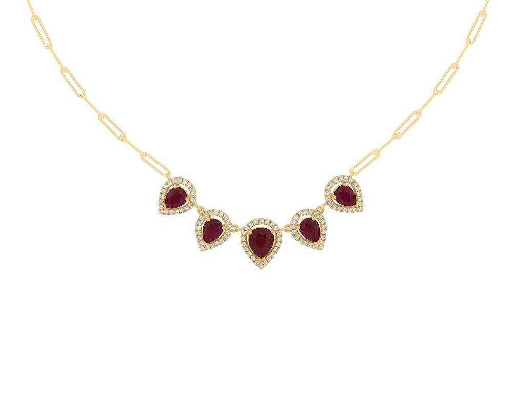 14K Gold Multi PearShape color Stone and Diamonds paperclip Necklace