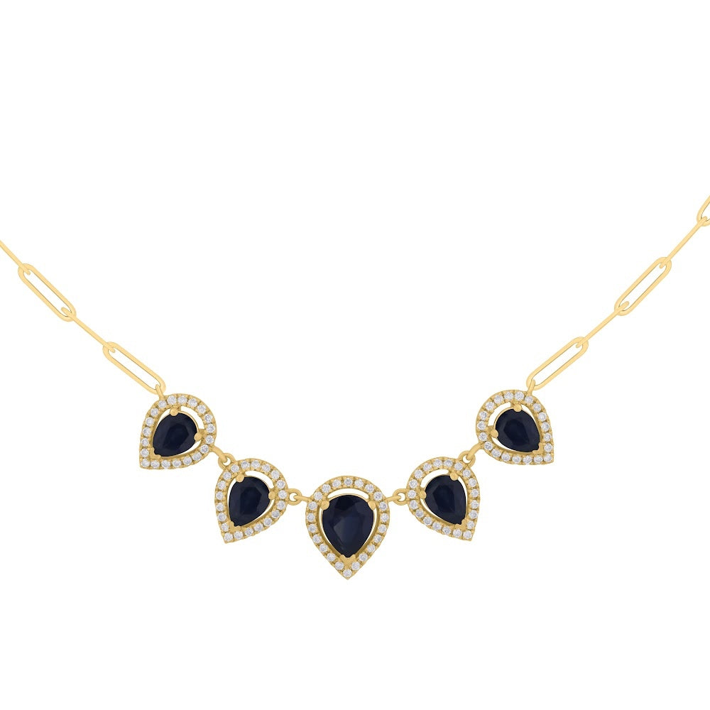 14K Gold Multi PearShape color Stone and Diamonds paperclip Necklace