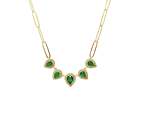 14K Gold Multi PearShape color Stone and Diamonds paperclip Necklace