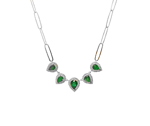 14K Gold Multi PearShape color Stone and Diamonds paperclip Necklace