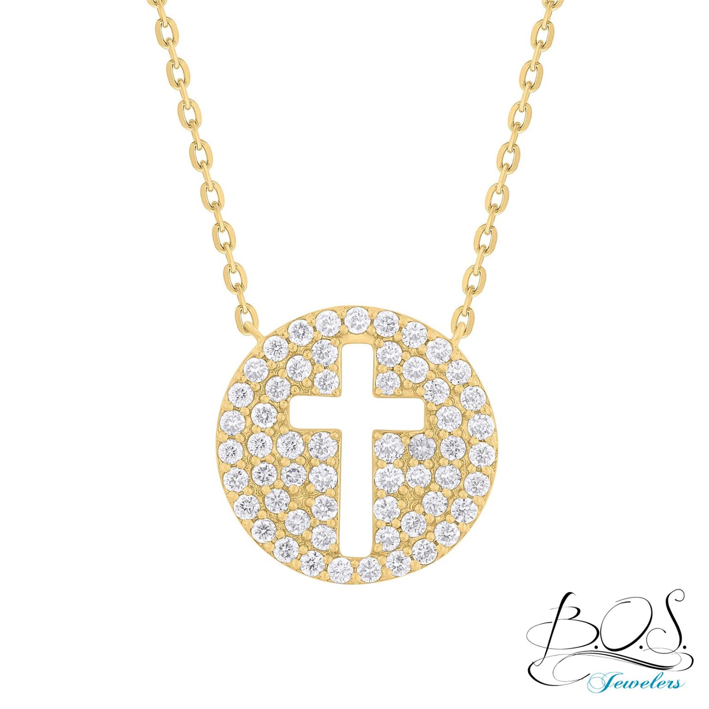 Cut Out Cross Symbol Diamond Round Pendant on Chain 14K Gold