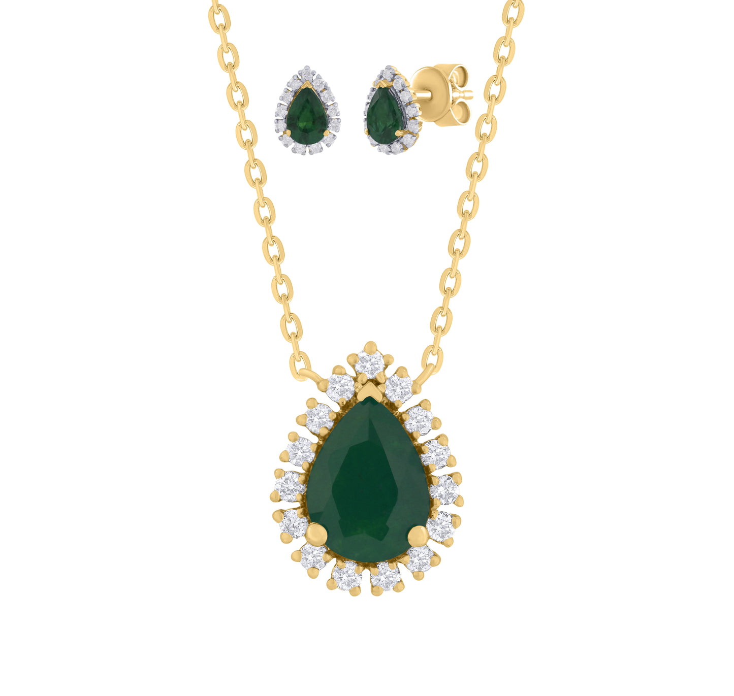14K Yellow Gold Emerald Pear Shape Drop and Diamond Gift Jewelry Set