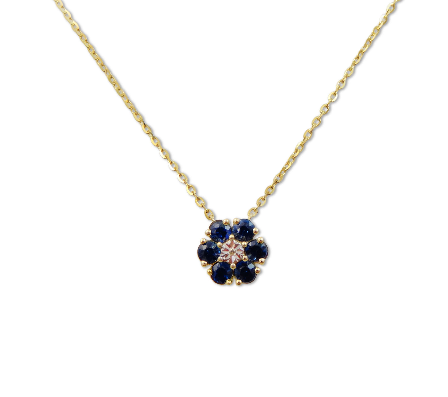 14K Gold Blue Sapphire Flower with Diamond Illusion