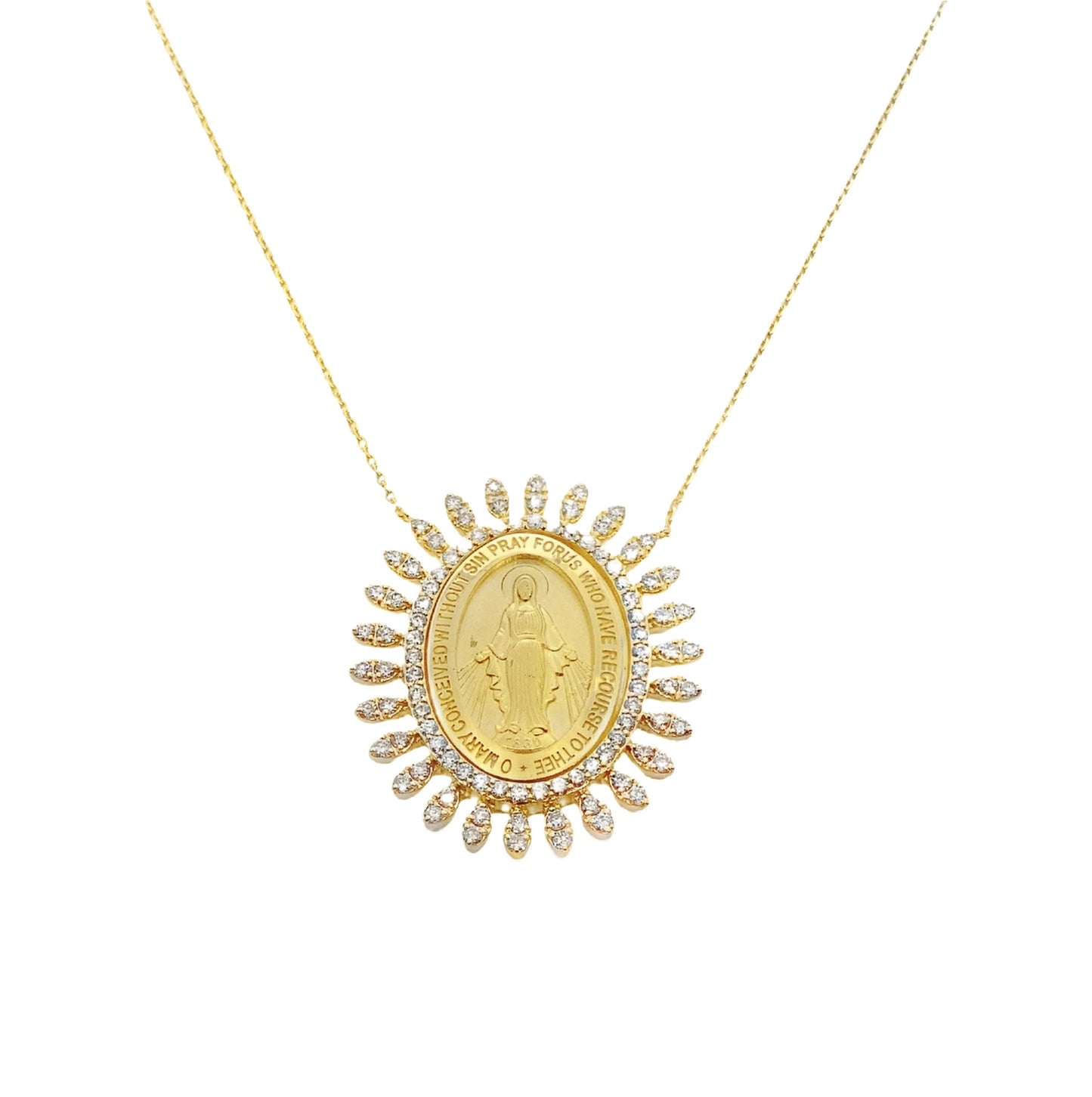 Divine Radiance: 14K Gold Diamond Halo Miraculous Medal Necklace