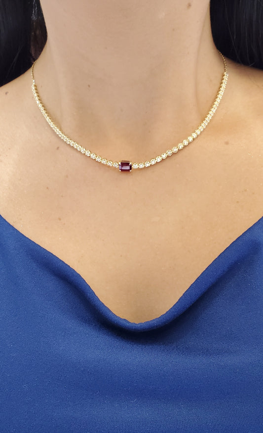 Single Step Cut Color Stone Diamond Tennis Necklace