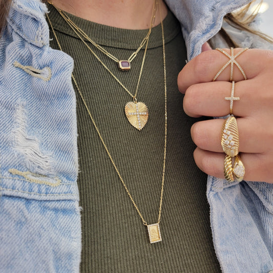 Large Radiating Gold Heart Medallion With Diamond Cross Necklace