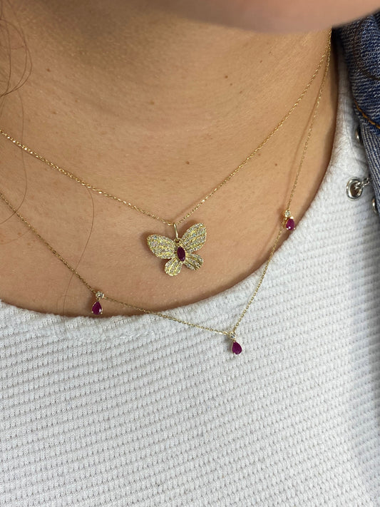 Whimsy in Flight Large Pave Diamond and Marquise Color Stone Butterfly Pendant Necklace