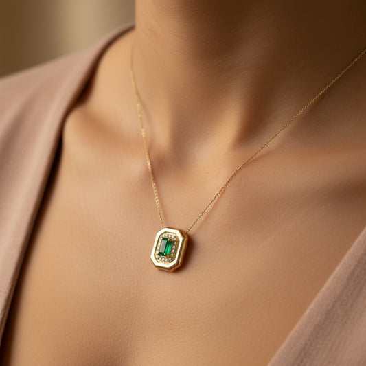 14K Yellow Gold Diamond Frame Color Stone Pendant Necklace