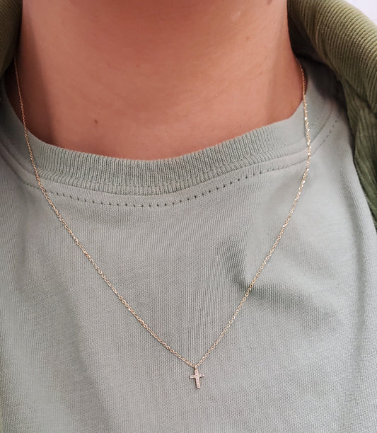 Mini-Miniature Diamond Baguette Cross Necklace