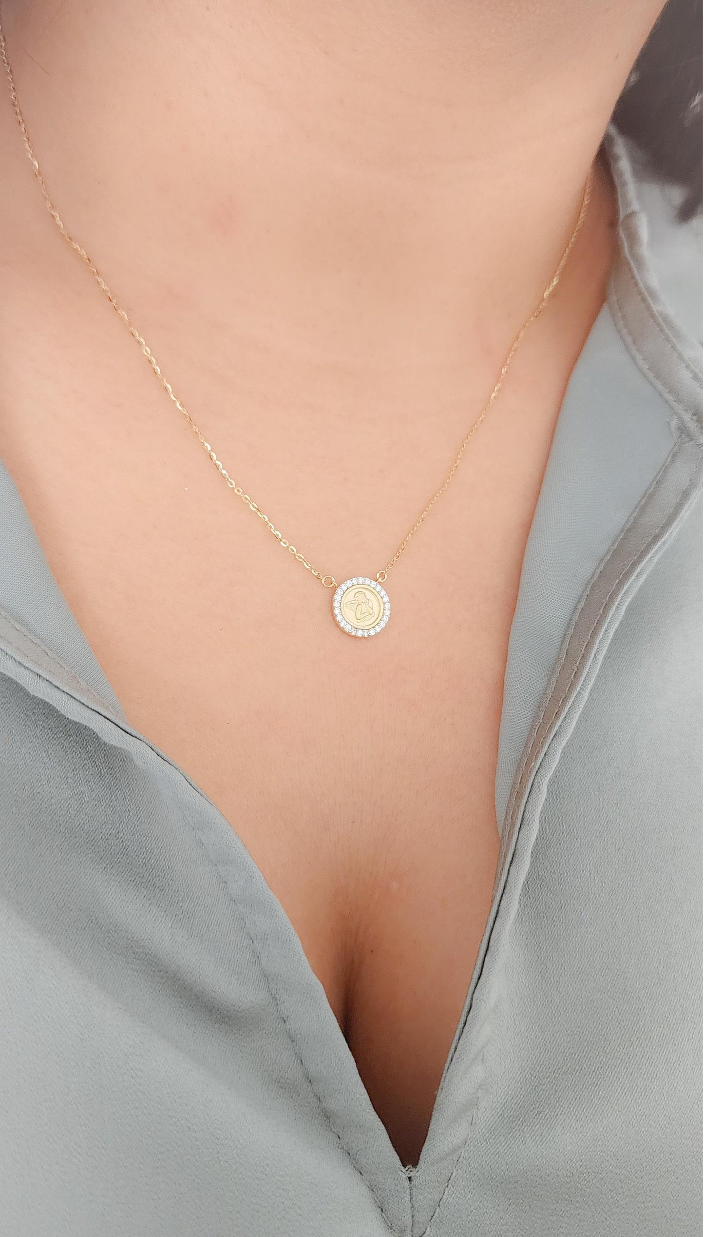 Round Cubic Zirconia DaVinci Angel Medal Necklace