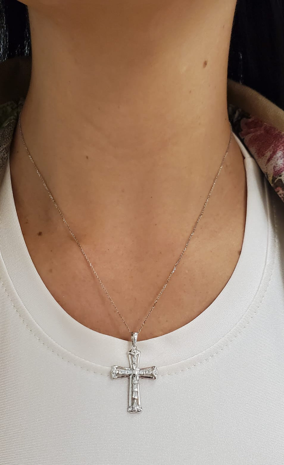 Baguette Diamond Fancy Cross Necklace 14K White Gold