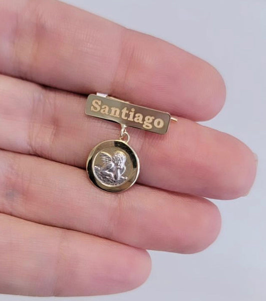 Engravable Plate Two Tone Angel Medal Baby Pin