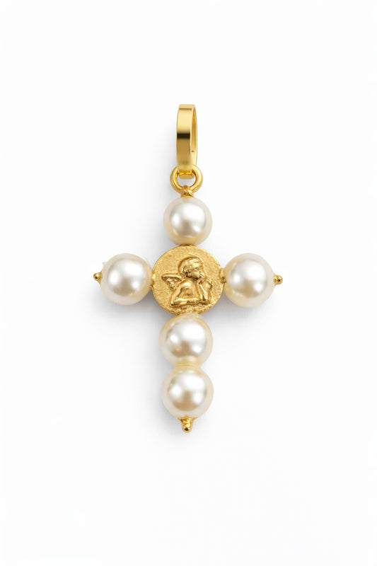 Pearl Cross with Angel 14K Yellow Gold