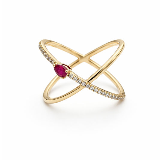 Diamond Criss Cross Pear Color Stone Ring
