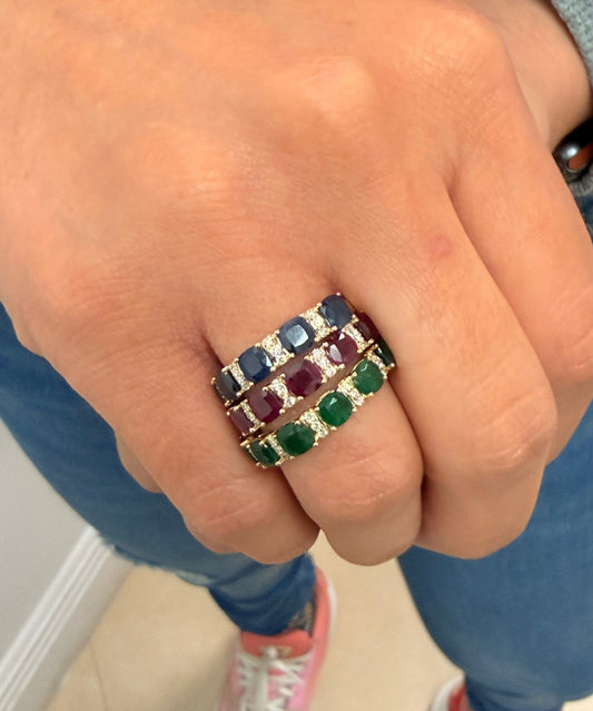 Opulent Large Cushion Cut Color Stone And Diamond Station Band Ring