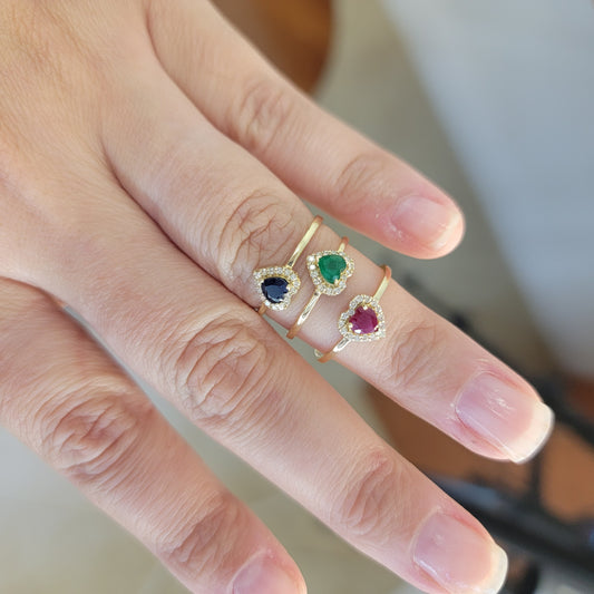 Color Stone and Diamond Heart Ring