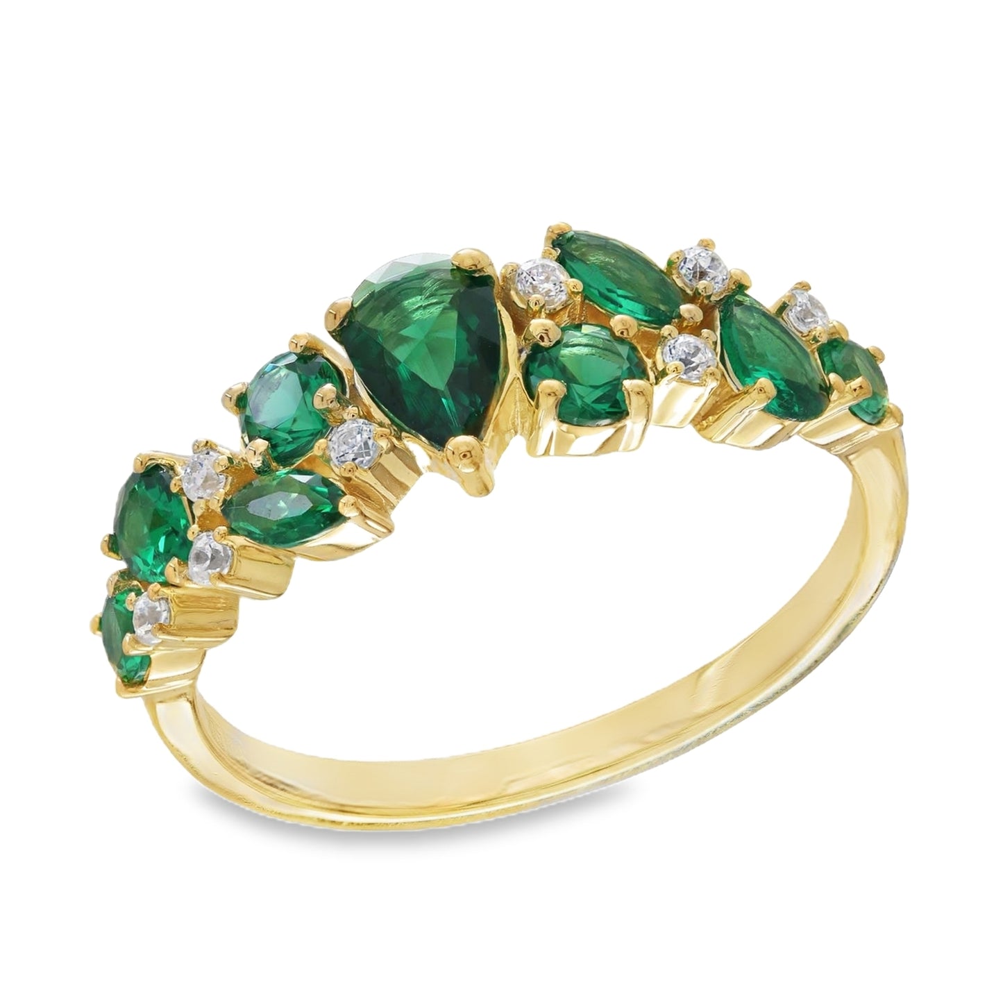 Radiant Cascade: 14K Gold Multi-Cut Gemstone Cluster Ring with Diamonds