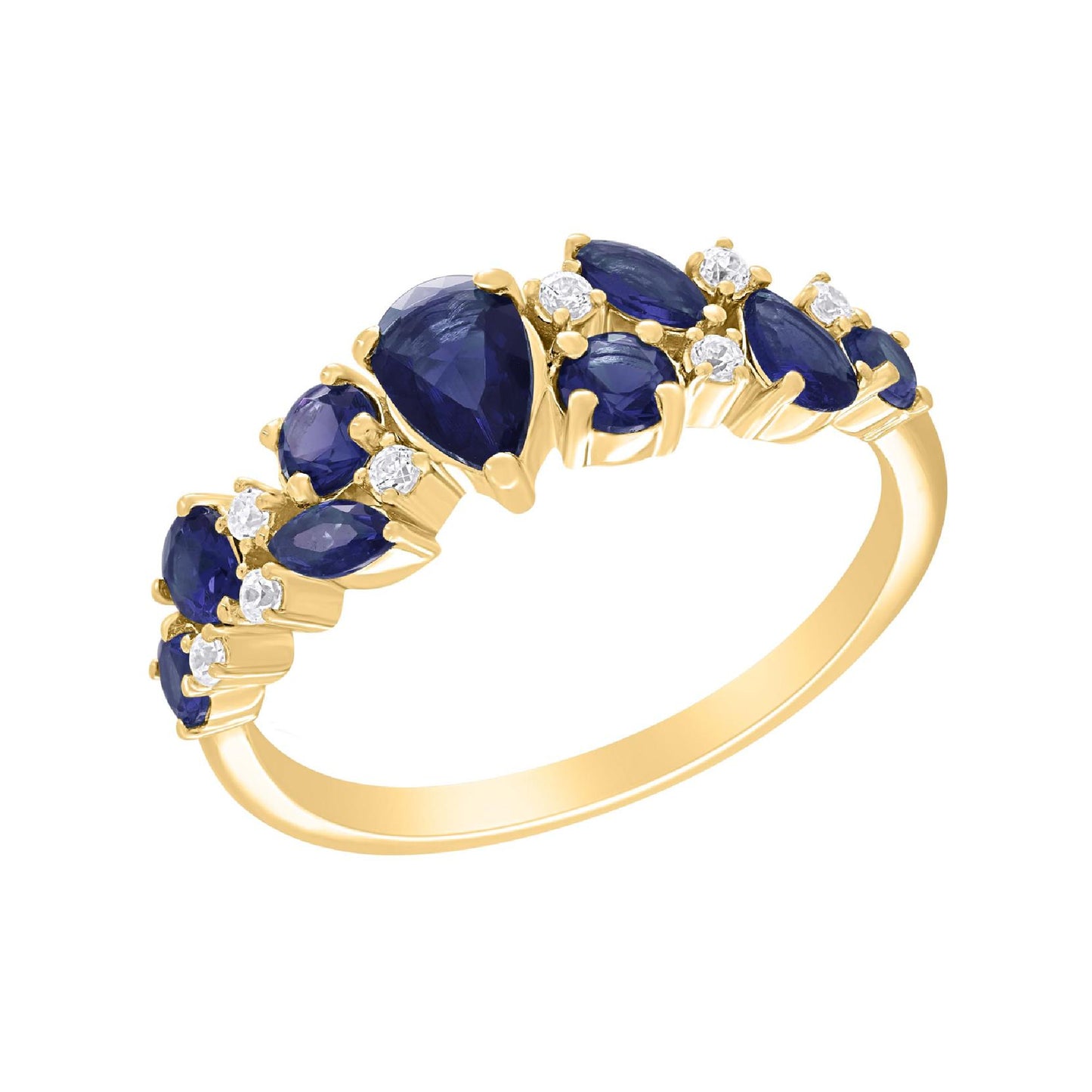 Radiant Cascade: 14K Gold Multi-Cut Gemstone Cluster Ring with Diamonds