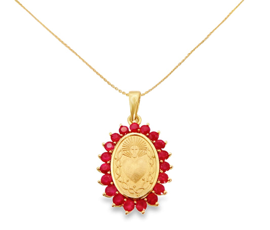 Sacred Heart of Jesus Medal with Ruby Color Stone Halo Necklace