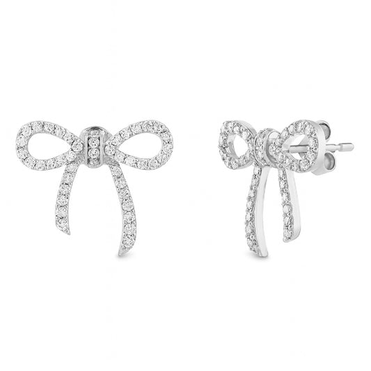 White Gold bow-shaped earrings with diamond gemstones on a white background