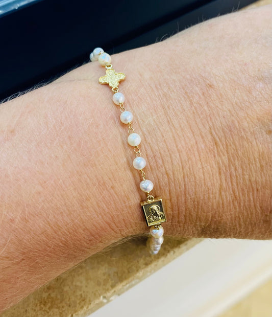 Scapular Medal And 4 Way Cross Pearl Bracelet