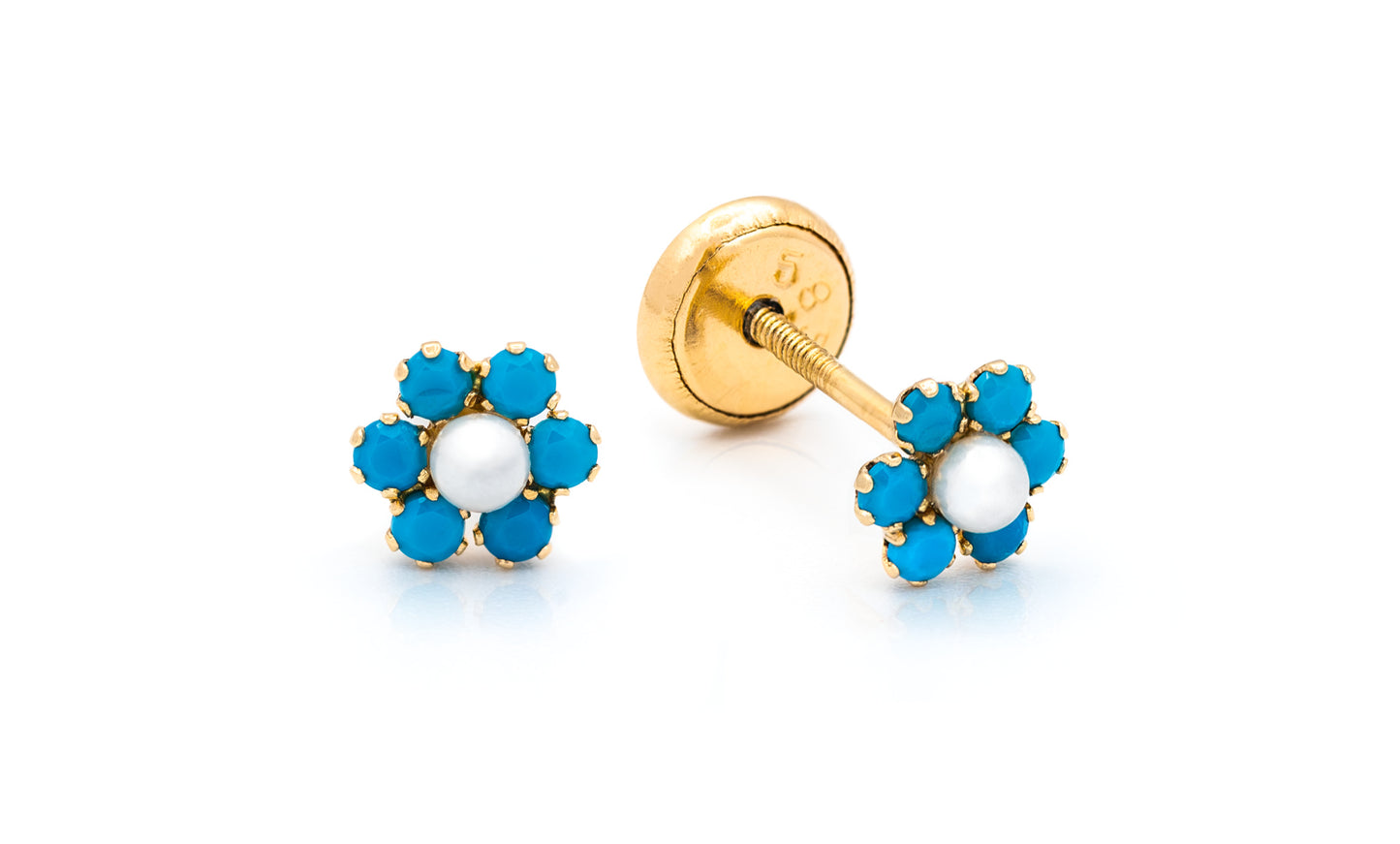 14K Gold Mini Turquoise Flower with Pearl Center Baby Earring