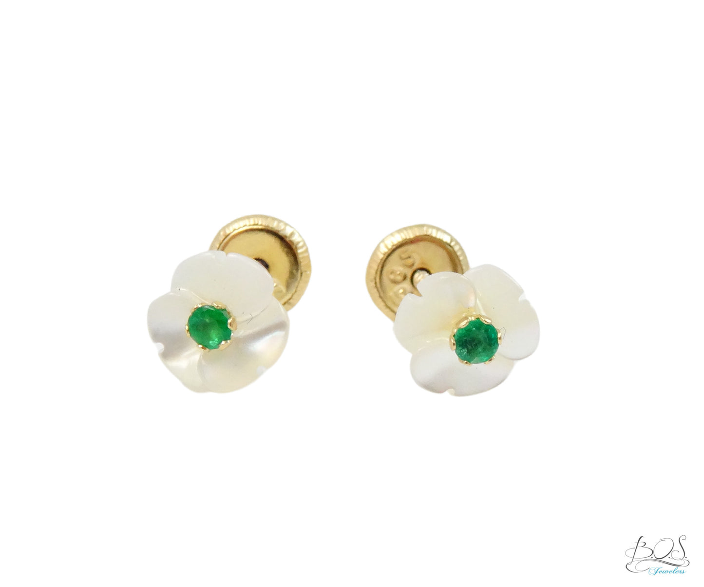 14K Gold Mother of Pearl with Color Stone in the center Baby Earrings