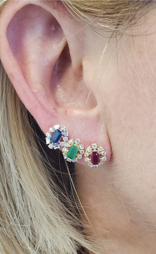 Mosaic Diamond Halo Step Cut Rectangular Ruby Earring and Necklace Gift Jewelry Set