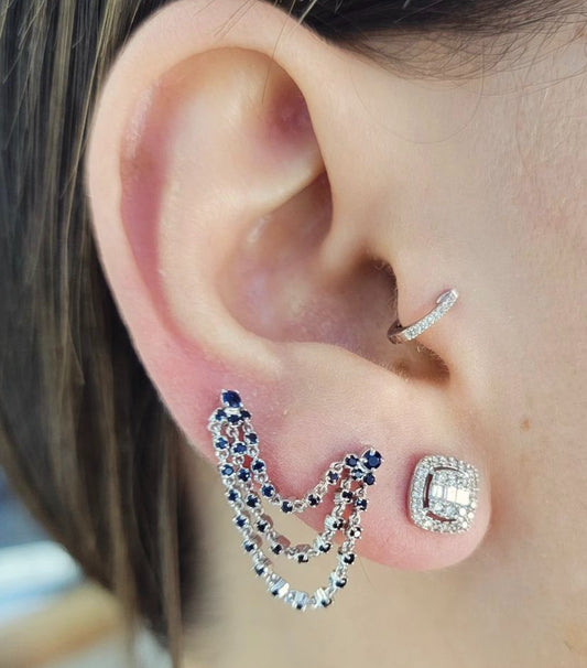 Triple Chain Color Stone Station Dangle Earring