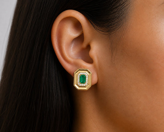 Octagonal Diamond Frame Color Stone Stud Earrings