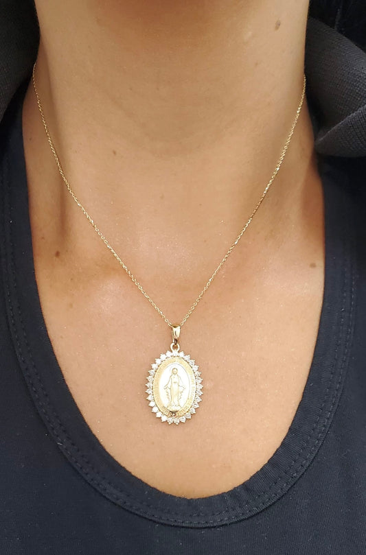 Large Diamond Miraculous Medal Necklace (26X20mm)