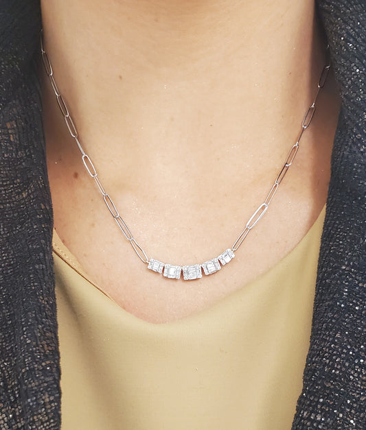 Diamond Baguette Curved Bar on Paperclip Necklace