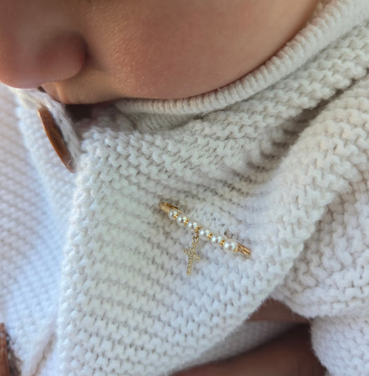 Pearl Baby Pin with Cubic Zirconia Cross