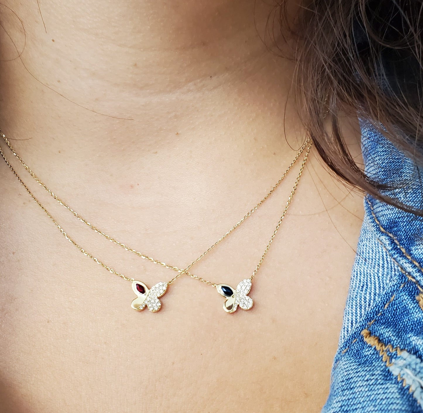 Whimsy in Flight Diamond And Ruby Color Stone Butterfly Earring & Necklace Gift Jewelry Set
