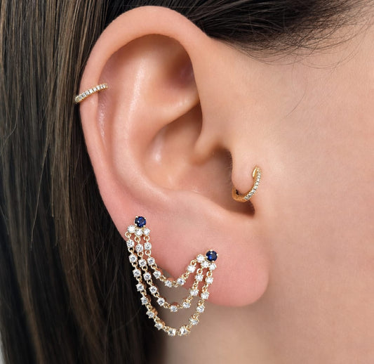 Triple Chain Diamond And Color Stone Dangle Earring