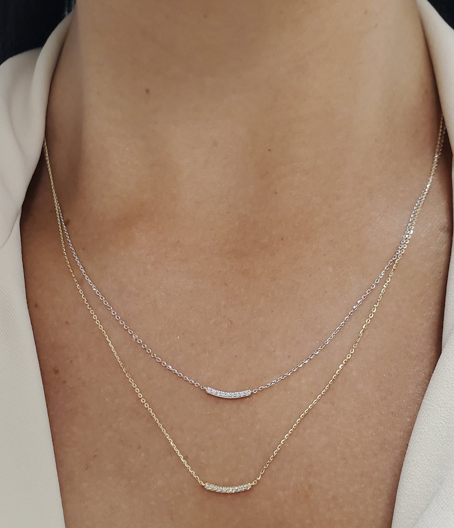 Dainty Sparkle: 14K Gold Mini Diamond Curved Bar Necklace