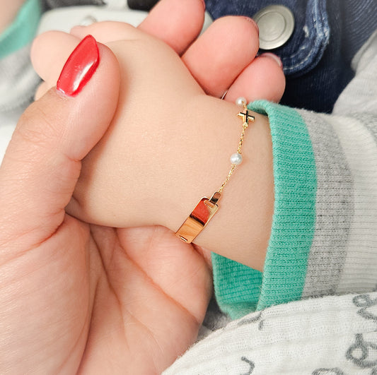 Pearl Baby ID bracelet with Gold Accent Cross