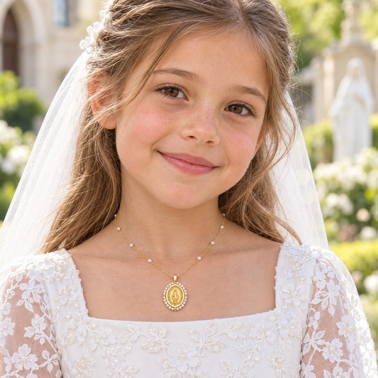14K Gold Oval Miraculous Medal Pendant with Pearl Border
