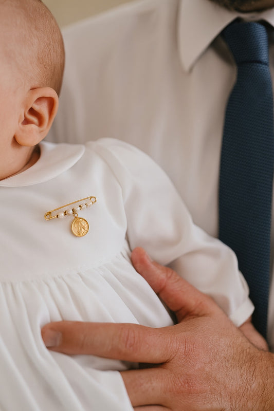 Pearl Baby Pin with Madonna Virgin Medal