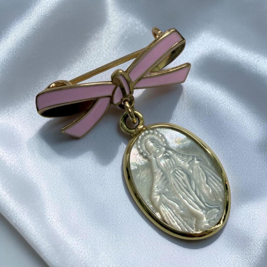 14K Yellow Gold Pink Enamel Bow Mother of Pearl Miraculous Medal Baby Pin