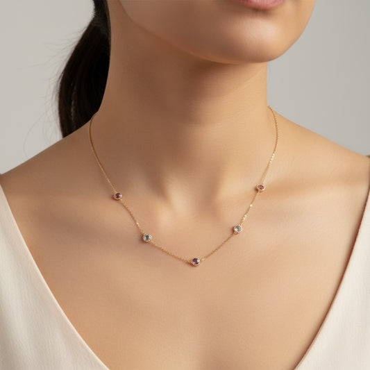 Rope Twist Halo Round Amethyst & Blue Topaz Station Necklace