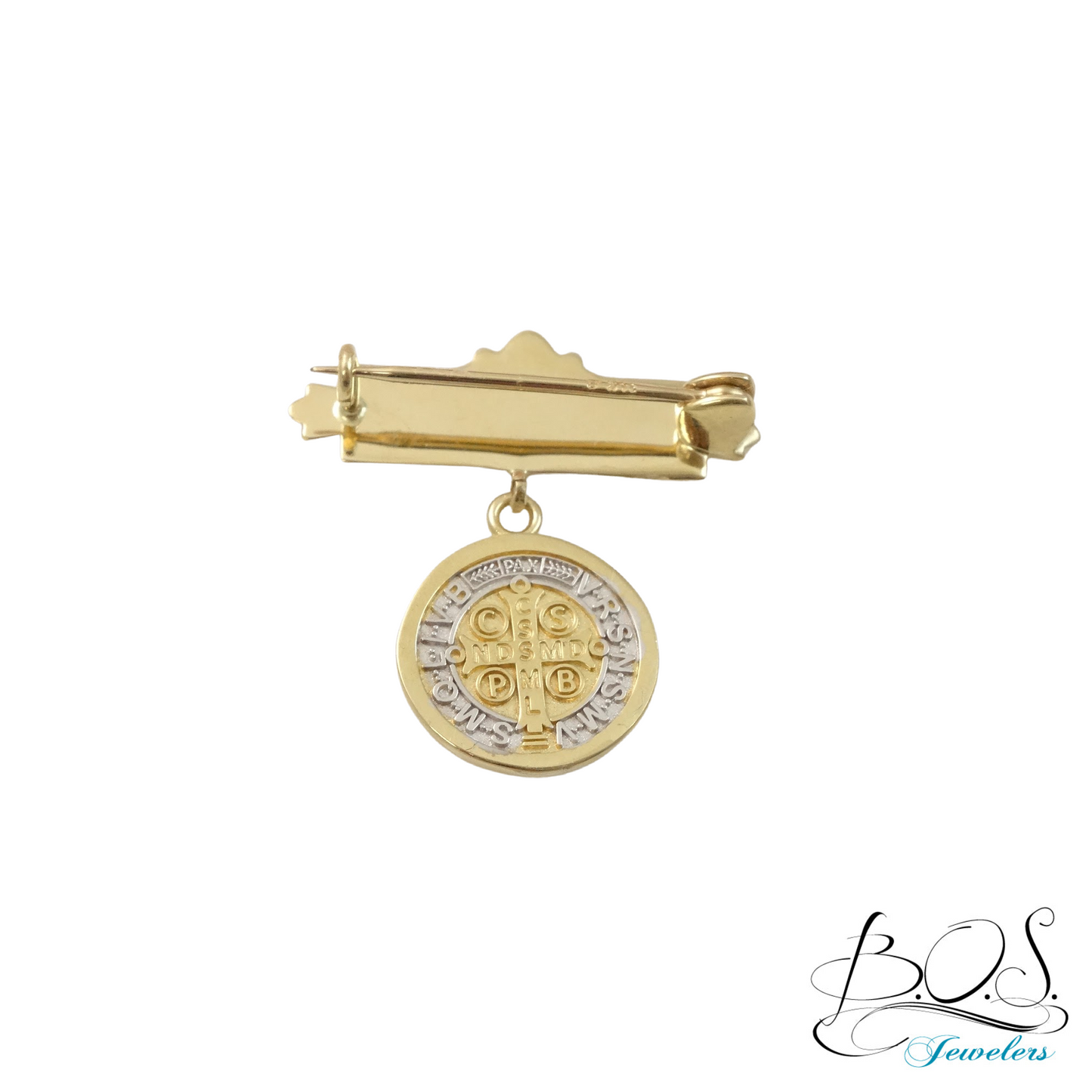 14K Gold Baby Bar Pin with two-toned Saint Benedict