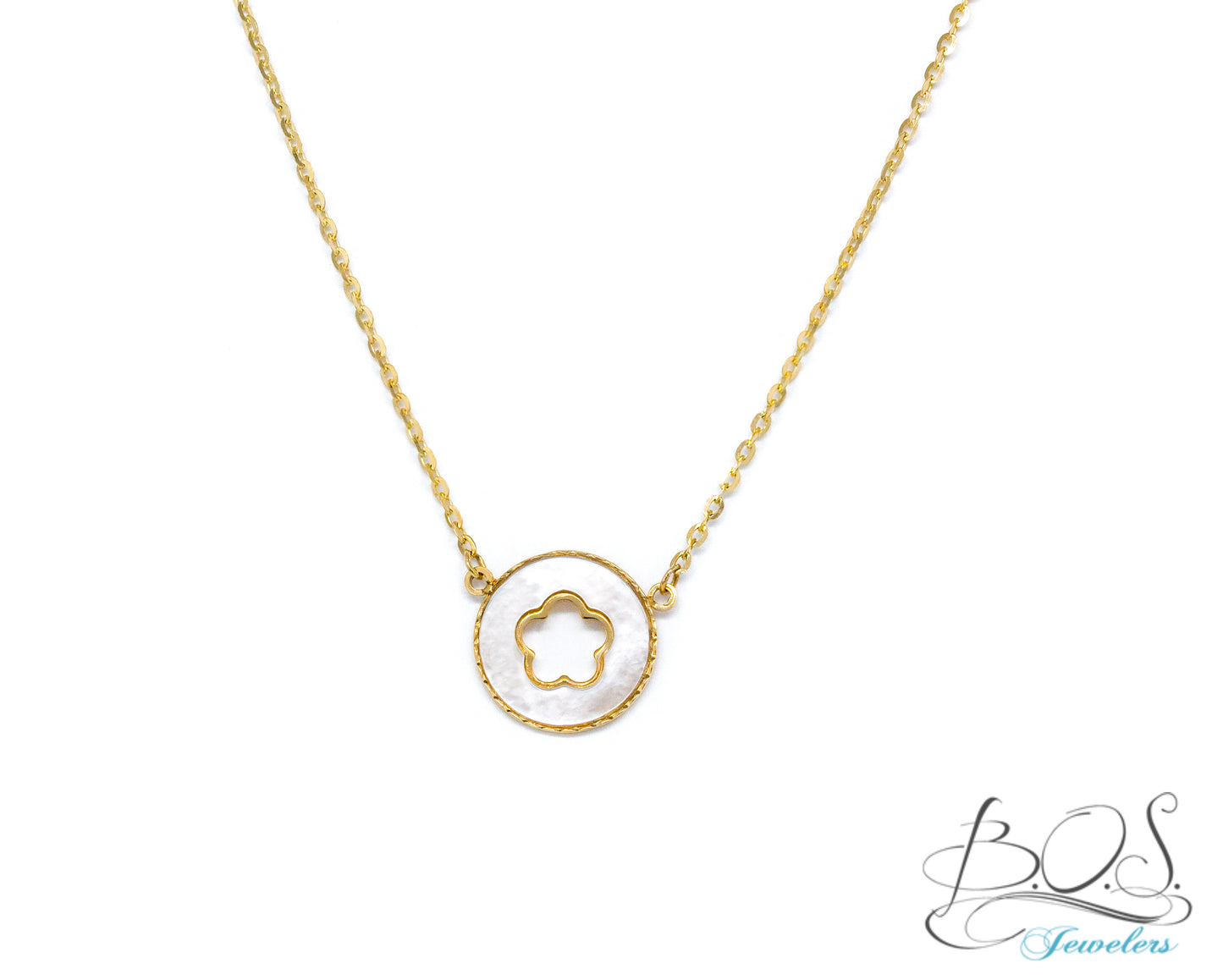 Mother of Pearl Flower Cut-Out Necklace 14K Gold