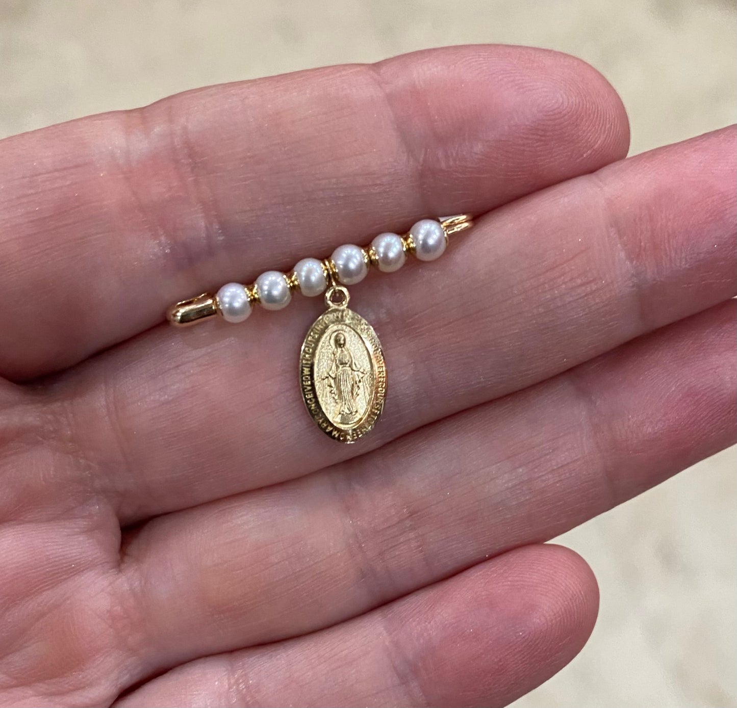Pearl Baby Pin with Miraculous Medal