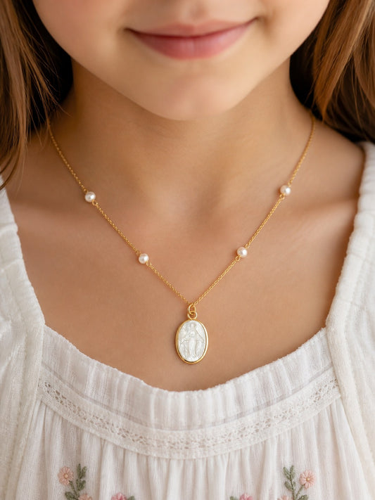 Mother of Pearl Miraculous Medal Pearl Necklace