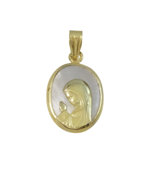 Oval Mother of Pearl with Gold Praying Virgin Mary Medal