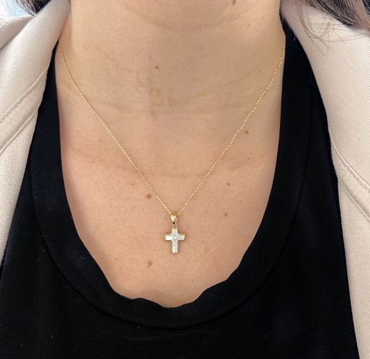 Elegant Mother of Pearl Cross with Cubic Zirconia Accent