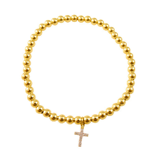 14K Cubic Zirconia Cross Elastic Bead Bracelet