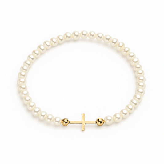 Mini Gold Cross & Freshwater Pearl Bracelet